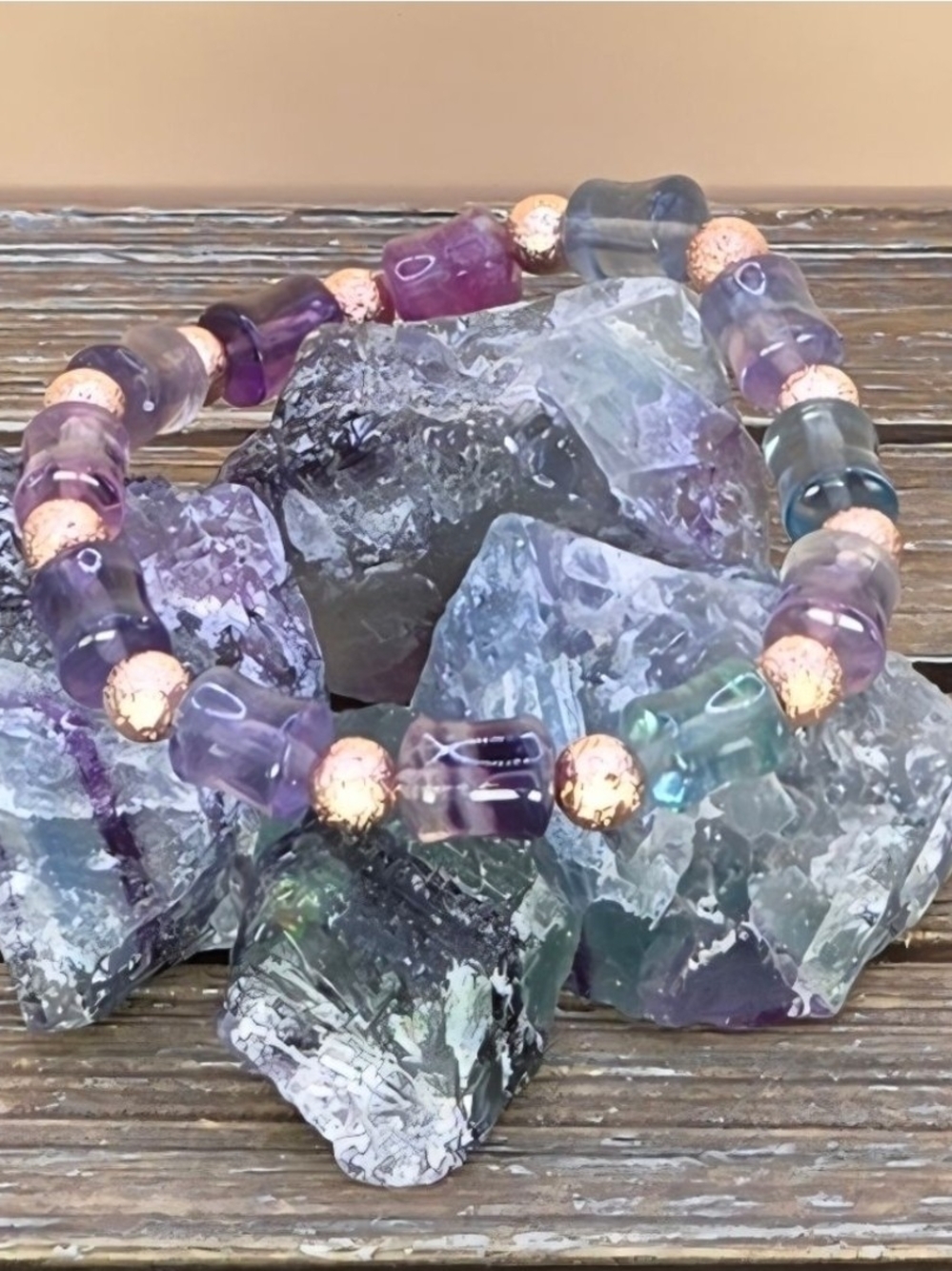 Rainbow Fluorite Bamboo Beads And Rose Gold Beaded Bracelet